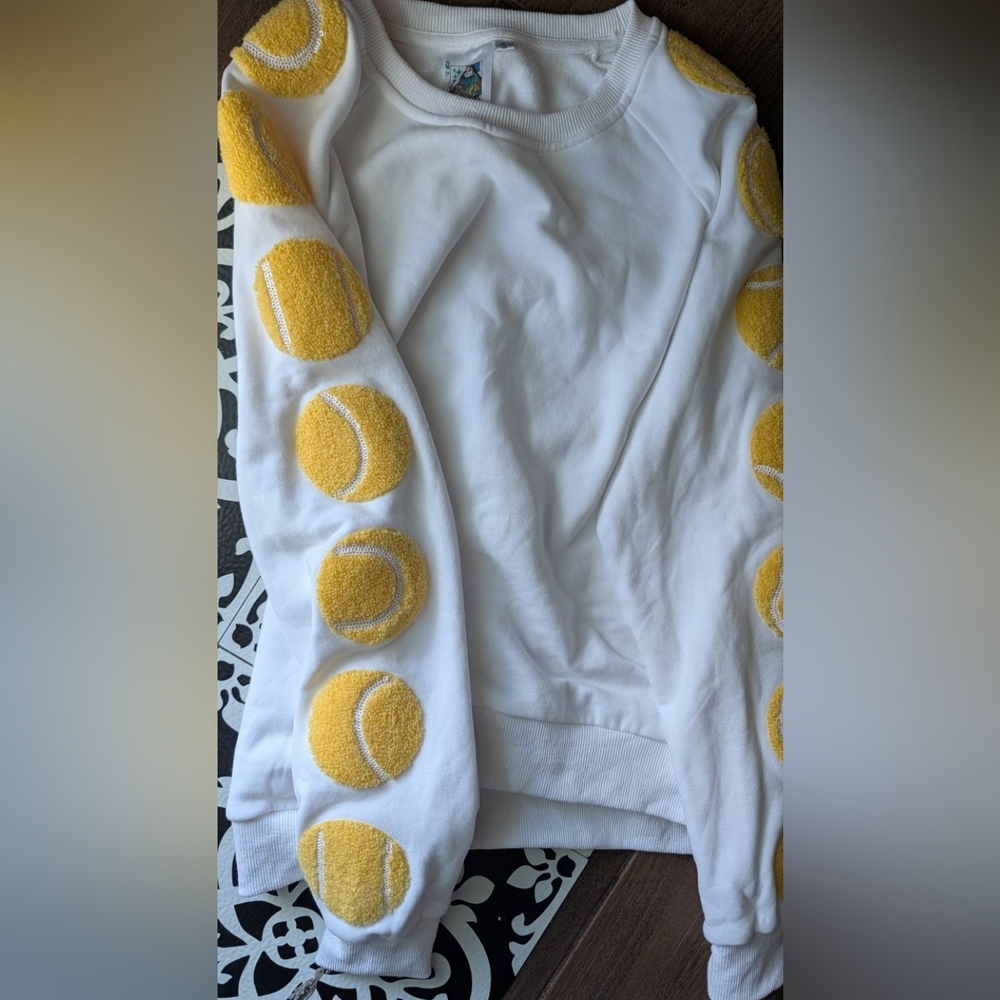 White Sweatshirt with Yellow Tennis Ball Design